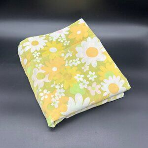 Vintage Full Flat Sheet Flower Power Fieldcrest USA Floral 1960s Yellow Green